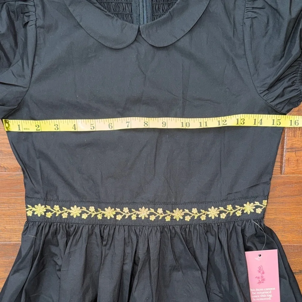 Ivy City Co Mini Murphy Black Dress with Gold Floral Trim, size 11/12